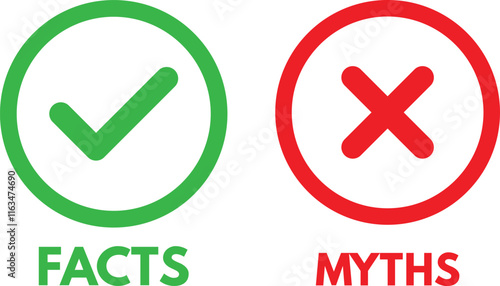 Facts and myths icons with check mark and cross . True or false facts icons . Vector illustration