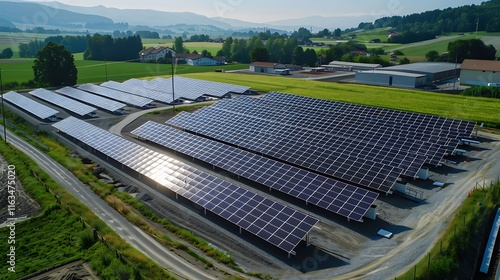 Aerial View showcases a vast solar energy farm amidst a serene countryside.  Rows of solar panels stretch across green fields, exemplifying sustainable energy.