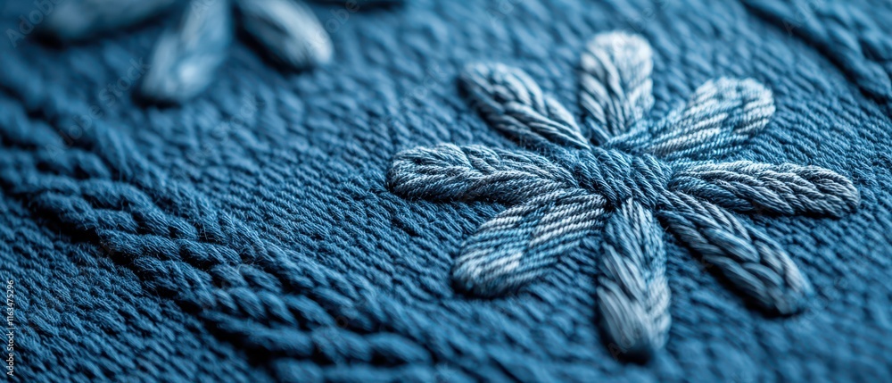 Close-up of a blue textile surface with intricate flower embroidery. Macro shot of blue object. Close-up of a blue textile surface with intricate flower embroidery. Macro shot of blue object.