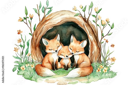 Watercolor painting of a fox family nestled together in a cozy tree hollow surrounded by wildflowers.