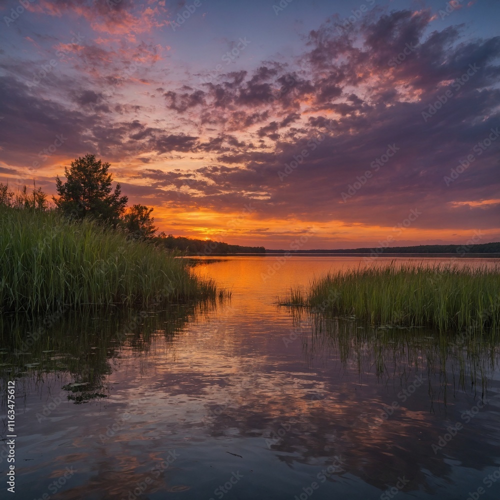 A serene and breathtaking scene of a sunset over a calm lake. The sky is ablaze with vibrant hues of orange, pink, and purple, blending seamlessly into the tranquil water below. The silhouette of dist A serene and breathtaking scene of a sunset over a calm lake. The sky is ablaze with vibrant hues of orange, pink, and purple, blending seamlessly into the tranquil water below. The silhouette of dist