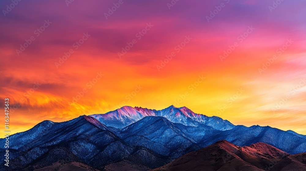 Majestic mountain landscape at sunset with vibrant colors illuminating the sky above the serene peaks and rolling hills Majestic mountain landscape at sunset with vibrant colors illuminating the sky above the serene peaks and rolling hills