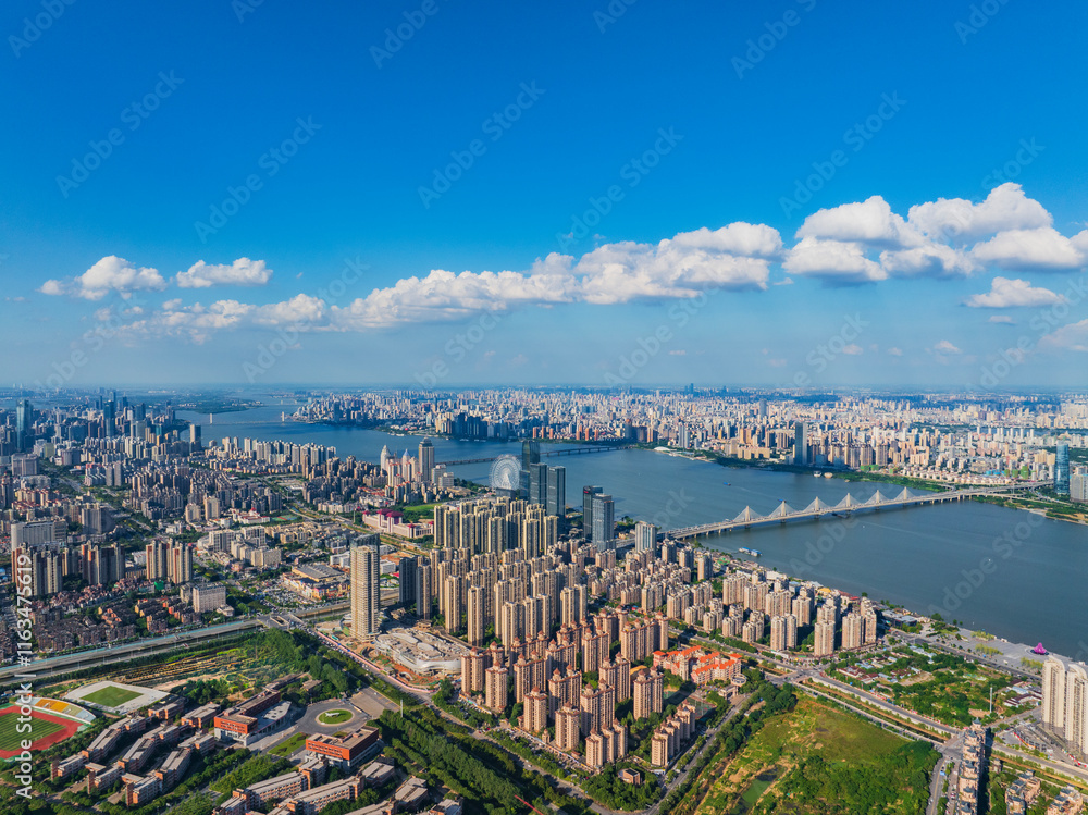 Blue sky and white clouds city skyline aerial photography Blue sky and white clouds city skyline aerial photography