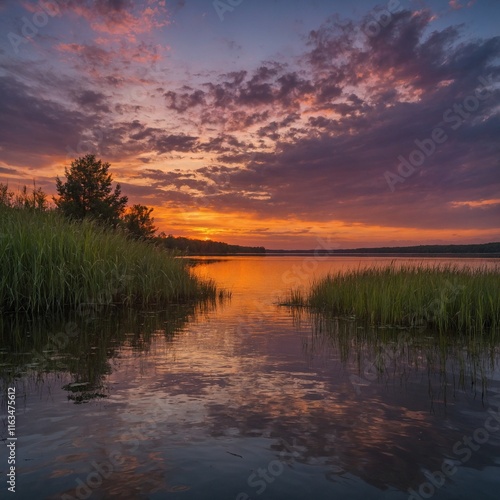 A serene and breathtaking scene of a sunset over a calm lake. The sky is ablaze with vibrant hues of orange, pink, and purple, blending seamlessly into the tranquil water below. The silhouette of dist photo