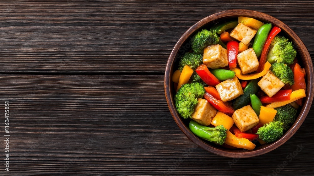 A vibrant bowl of mixed stir-fried vegetables and tofu on a rustic wooden table showcasing healthy eating A vibrant bowl of mixed stir-fried vegetables and tofu on a rustic wooden table showcasing healthy eating
