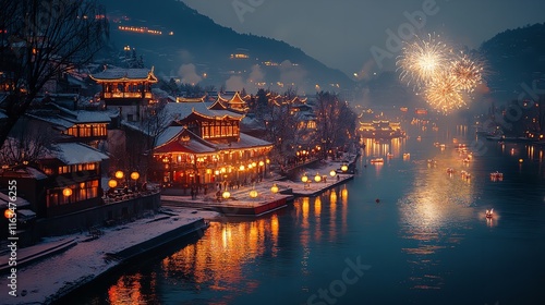 A Scenic Riverside Town Lit Up with New Year Lanterns and Festive Decorations