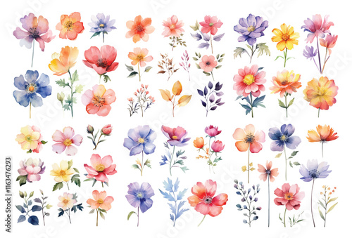 A Big watercolor floral package collection. Use by fabric, fashion, wedding invitation, template, poster, romance, greeting, spring, bouquet, pattern, decoration and textile.	