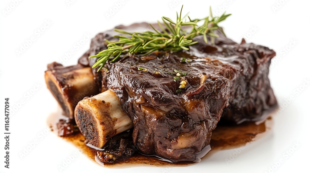 Tender braised beef with aromatic herbs on a white plate. Tender braised beef with aromatic herbs on a white plate.