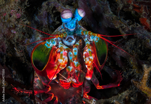 Eye level with a Peacock Mantis Shrimp (Stomatopoda) eating it's prey.