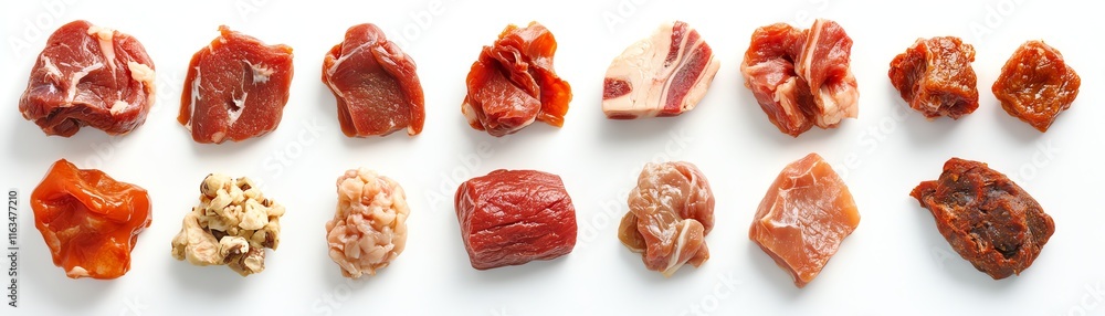 Variety of raw meat cuts, arranged on a white isolated background. Variety of raw meat cuts, arranged on a white isolated background.