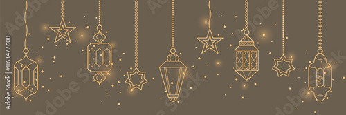 Islamic Ramadan lanterns and lamps set. Middle East antique kerosene hanging light underline or border. Arabian lamp lantern decorations for Ramadan Kareem and Eid Mubarak greetings.