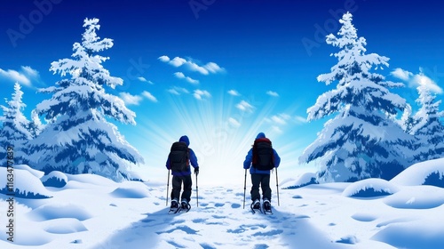 Two snowshoers venturing into a pristine winter landscape, surrounded by snow-covered trees under a bright blue sky photo