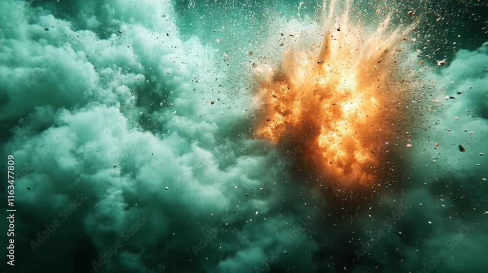 Fototapeta premium Explosion Effect on Green Background for Visual Effects. Generative AI