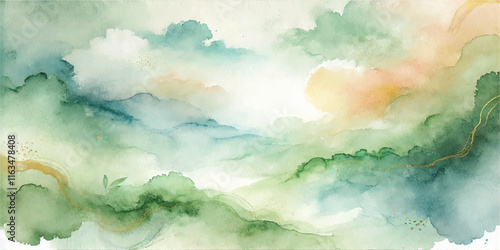 Soft Abstract Watercolor Background with Green and Peach Tones