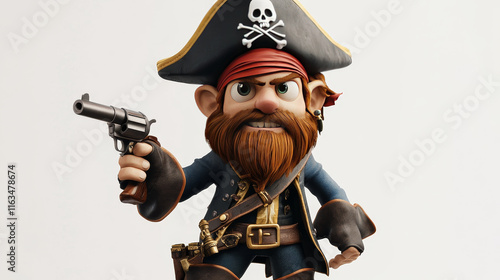 Cartoon pirate captain character with wooden leg and gun. Funny bearded man vector personage of pirate or corsair robber captain in black tricorn hat, bandana, coat and gloves showing medieval weapon photo