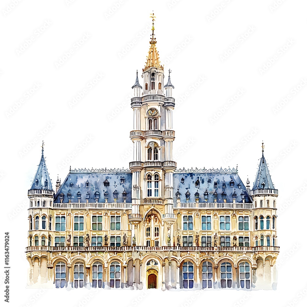 Obraz premium Watercolor Painting of the Old Town Hall in Ghent, Belgium, a Majestic Example of Gothic Architecture.