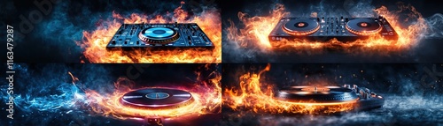 Dynamic DJ equipment surrounded by fire and water.
