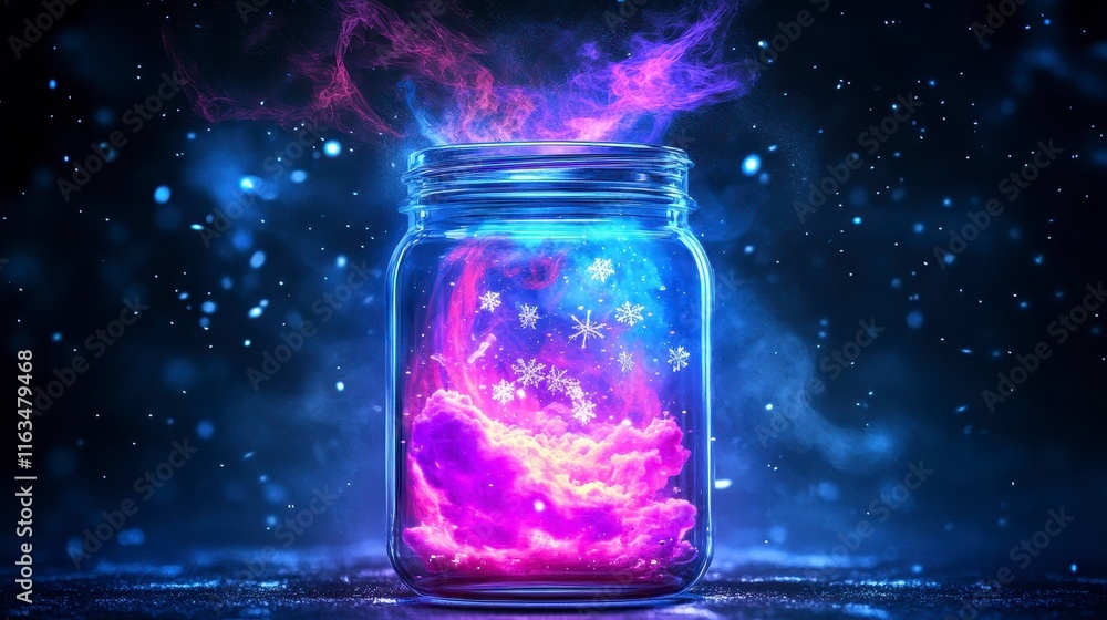 A vibrant jar capturing a swirling galaxy with colorful clouds, stars, and mystical energy, set against a starry backdrop A vibrant jar capturing a swirling galaxy with colorful clouds, stars, and mystical energy, set against a starry backdrop
