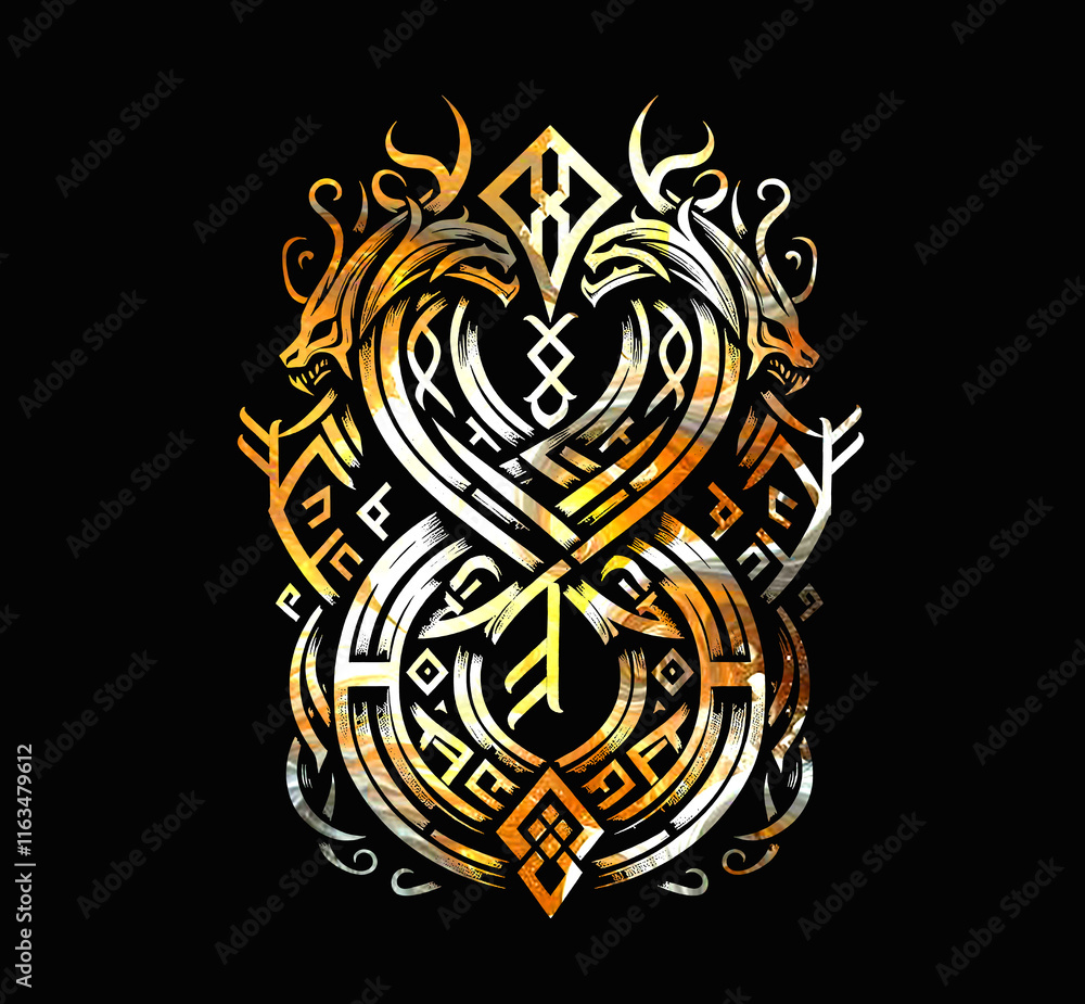 Fototapeta premium Hand-Drawn Mythical Dragon Artwork with runes Symbolism 