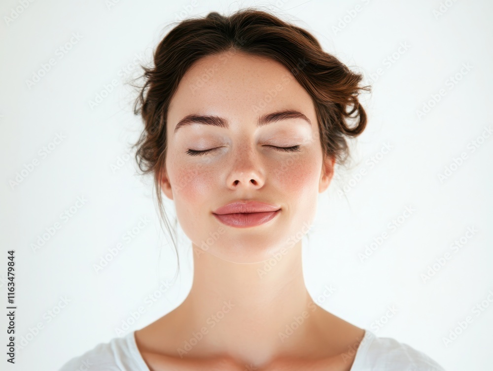 A detailed portrait of a beautiful woman standing with closed eyes, her expression peaceful while cosmetic doctors prepare for a precision face injection A detailed portrait of a beautiful woman standing with closed eyes, her expression peaceful while cosmetic doctors prepare for a precision face injection