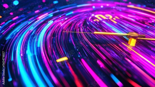 Abstract portrayal of time with vibrant neon colors swirling around a clock face, emphasizing the passage and perception of time in a digital world