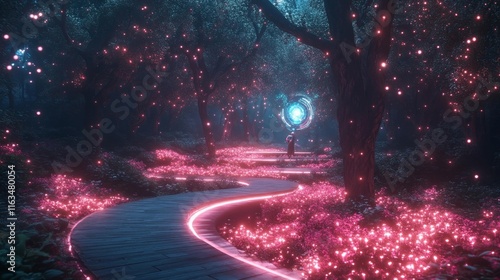 Futuristic glowing path in an enchanted forest. Generative AI photo