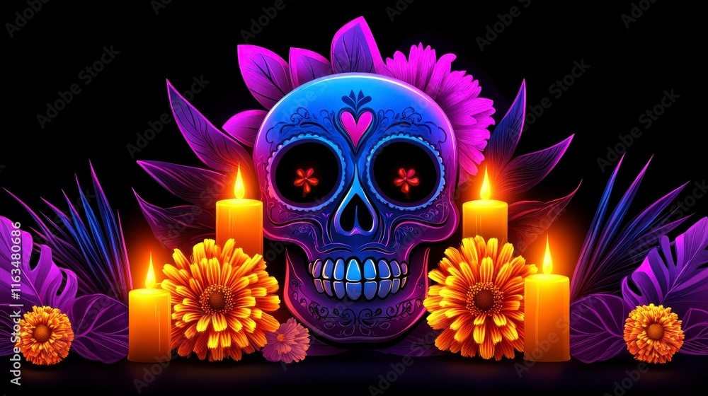 Vibrant day of the dead skull surrounded by candles and colorful flowers in a festive, evocative setting Vibrant day of the dead skull surrounded by candles and colorful flowers in a festive, evocative setting