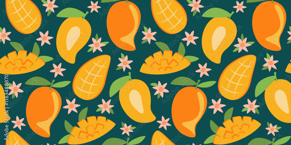 Fruit seamless pattern with mango and flowers. Vector tropical illustration. Abstract summer background. Fruit seamless pattern with mango and flowers. Vector tropical illustration. Abstract summer background.
