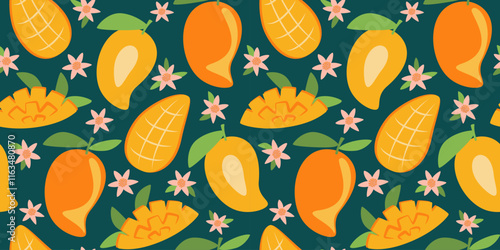 Fruit seamless pattern with mango and flowers. Vector tropical illustration. Abstract summer background.