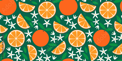 Fruit seamless pattern with orange and flowers. Cute vector tropical illustration. Abstract summer background.