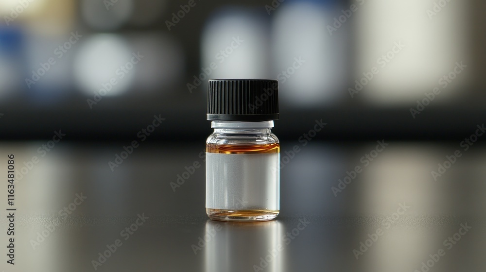 A Small Amber Liquid Sample in a Clear Glass Vial with a Black Cap on a Reflective Surface A Small Amber Liquid Sample in a Clear Glass Vial with a Black Cap on a Reflective Surface