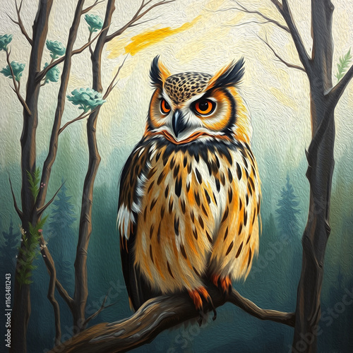 Owl . Oil painting. Logo design for use in graphics. Print on a T-shirt, design for printing on wall decorations. Artistic brush strokes photo