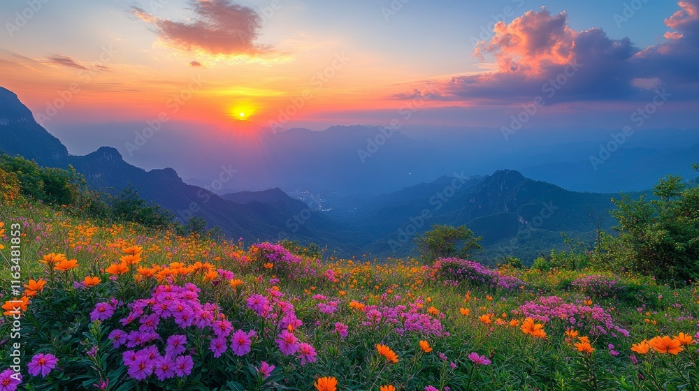 Obraz premium Serene Sunset over Mountain Wildflowers