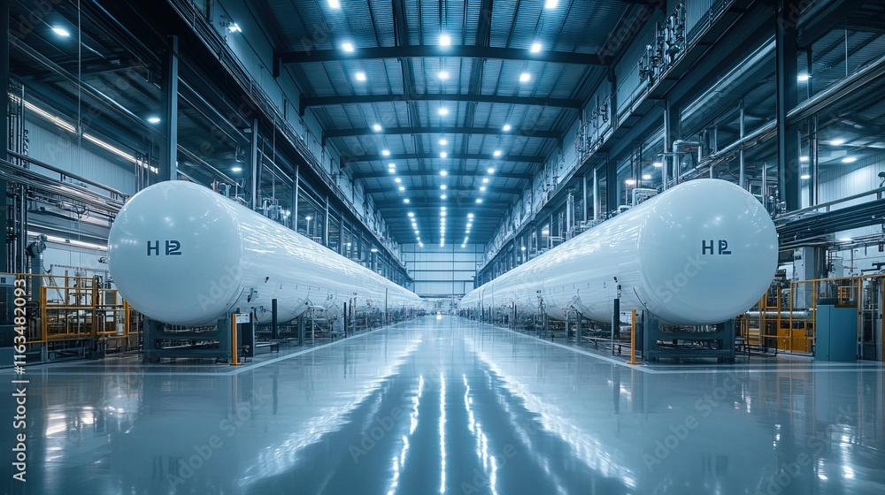 A sleek hydrogen production factory showcases large white H2 tanks A sleek hydrogen production factory showcases large white H2 tanks