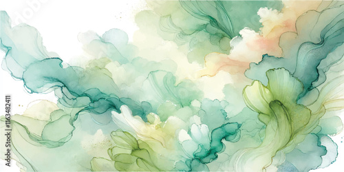 Soft Abstract Watercolor Background with Green and Peach Tones