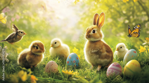 Easter bunnies and chicks with eggs, vector religion holiday. Easter rabbits and chickens with painted eggs on spring field with green grass blades, crocus and lily flowers, butterflies, swallow birds photo