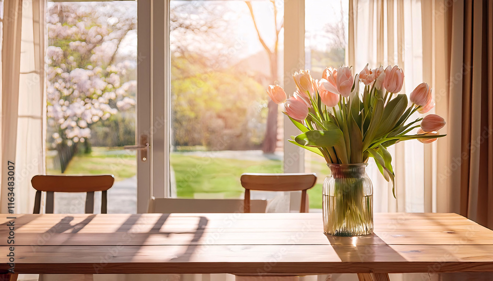 Sunlight streams through an open window onto a wooden table, where a vase of pastel tulips adds a refreshing touch. Spring awakens the space, inviting warmth and joy Sunlight streams through an open window onto a wooden table, where a vase of pastel tulips adds a refreshing touch. Spring awakens the space, inviting warmth and joy
