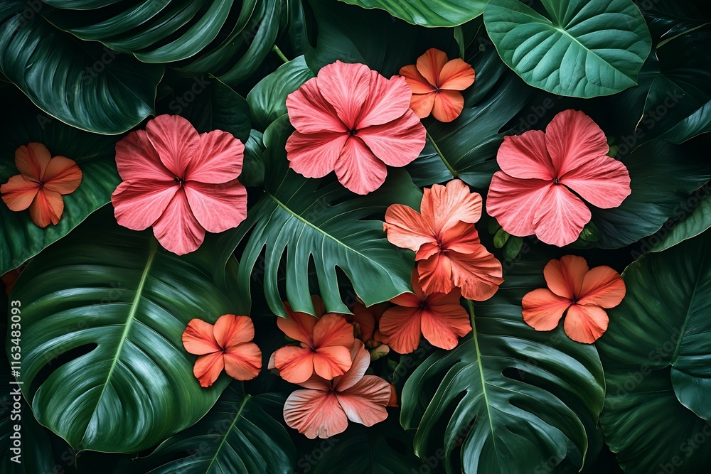custom made wallpaper toronto digitalCoral Hibiscus Flowers Among Lush Tropical Leaves
