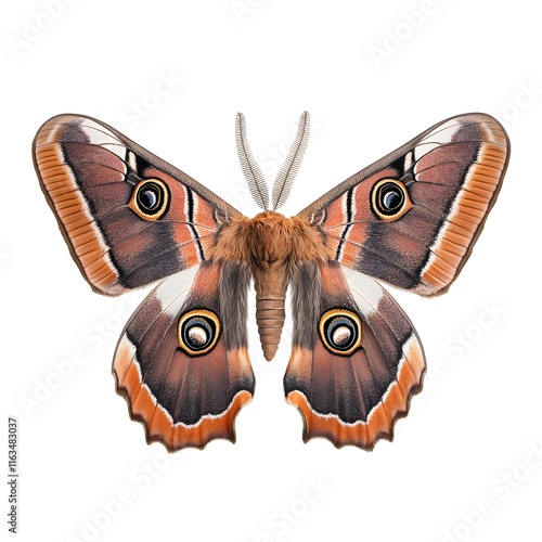 A captivating close-up image of an Emperor Moth, showcasing intricate patterns and vibrant colors against a pure white background. photo