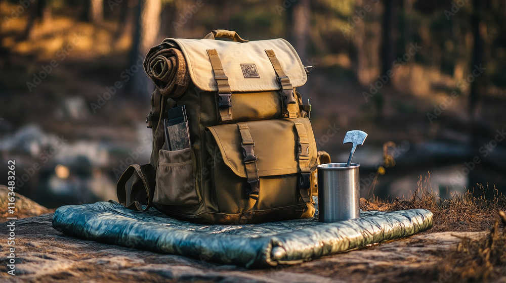 Traveling backpack with camp gear isolated. Vector khaki rucksack with sleeping mat, axe and metal mug. Tourist equipment in travel bag with pockets on zippers, outdoor adventures, hiking and camping Traveling backpack with camp gear isolated. Vector khaki rucksack with sleeping mat, axe and metal mug. Tourist equipment in travel bag with pockets on zippers, outdoor adventures, hiking and camping