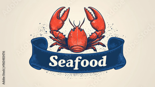 Red lobster icon framed by blue bib topped with caption Seafood. Great for seafood restaurant accessories or cafe menu design photo