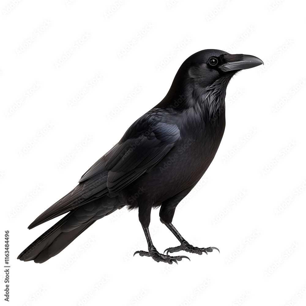 Fototapeta premium A full shot of a sleek, black raven, sharply focused against a pure white background.