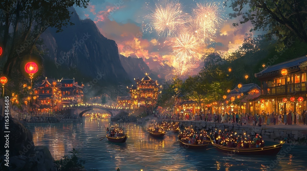 Fototapeta premium A Scenic Riverside Village Celebrating the New Year with Lanterns and Traditional Festivities
