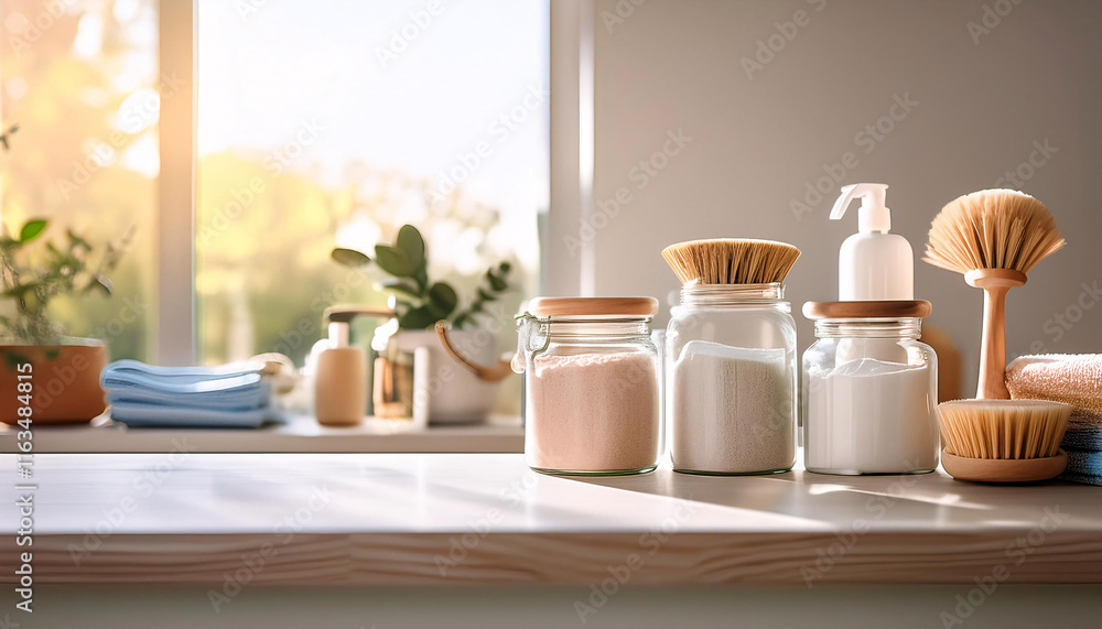 A tidy cleaning station features glass jars filled with eco-friendly powder cleaners, wooden brushes, and neatly coiled cloths. Bright sunlight streams in, enhancing the spring ambiance A tidy cleaning station features glass jars filled with eco-friendly powder cleaners, wooden brushes, and neatly coiled cloths. Bright sunlight streams in, enhancing the spring ambiance