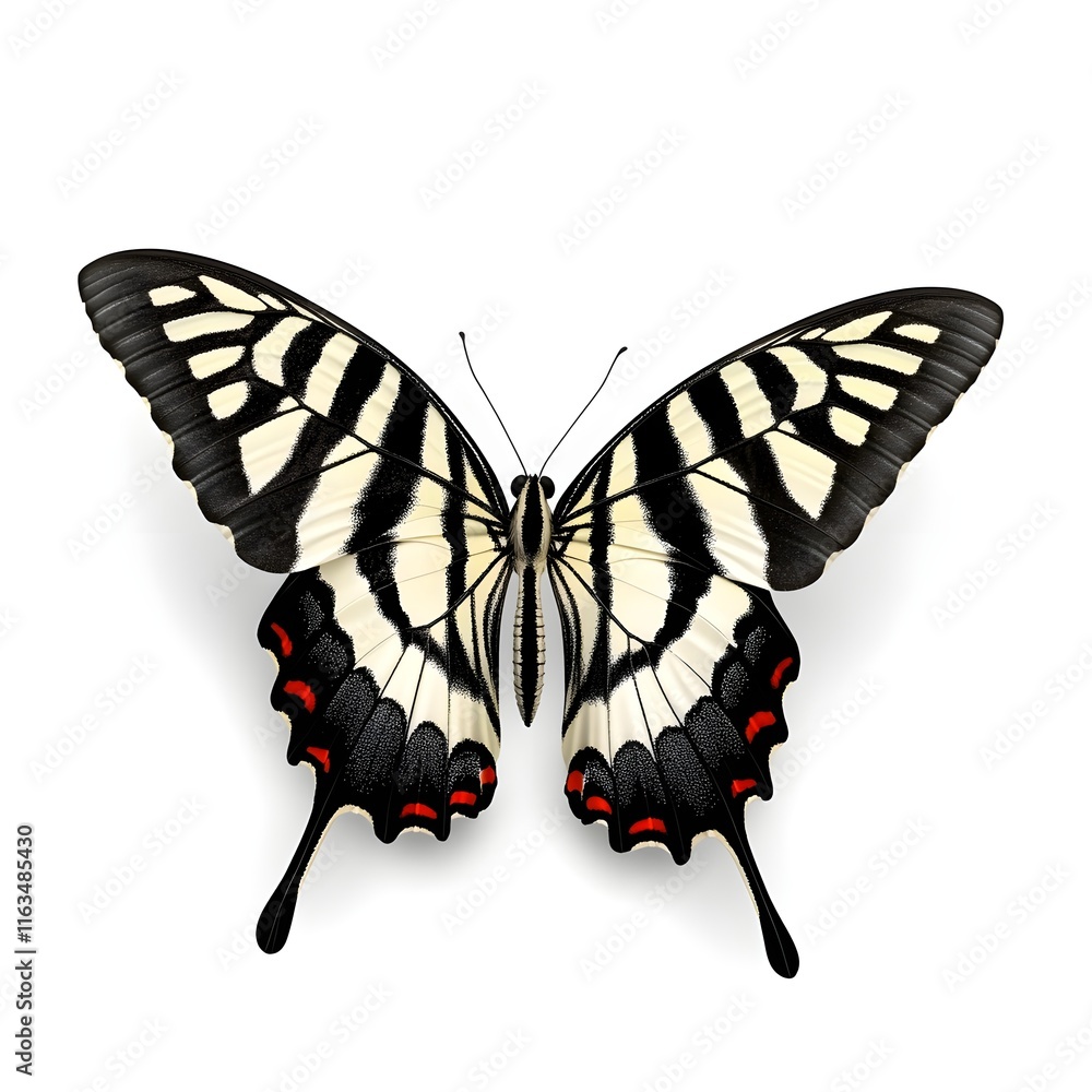 Fototapeta premium A detailed, high-quality close-up image of a swallowtail butterfly, showcasing its intricate black and white striped wings and red accents.