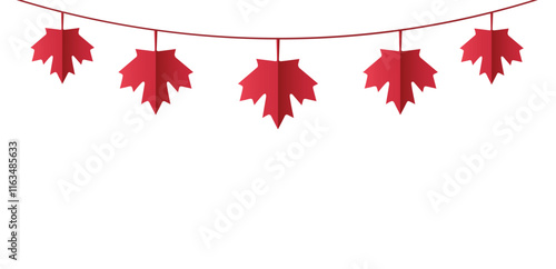 Canada Day banner design with maple leaf garland on white background with copy space. Vector illustration in cut paper style.