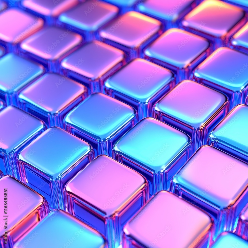 A captivating close-up view of iridescent metallic squares arranged in a seamless grid pattern, showcasing reflections and vibrant hues. A captivating close-up view of iridescent metallic squares arranged in a seamless grid pattern, showcasing reflections and vibrant hues.
