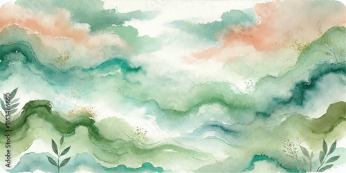 Soft Abstract Watercolor Background with Green and Peach Tones