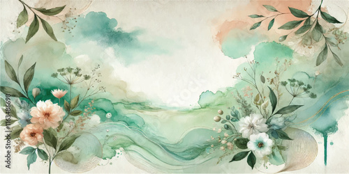 Soft Abstract Watercolor Background with Green and Peach Tones