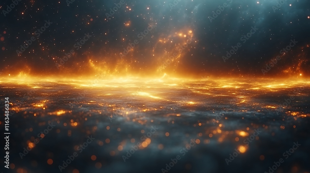 Naklejka premium Fiery Celestial Landscape Golden Embers Glow Across Dark Space